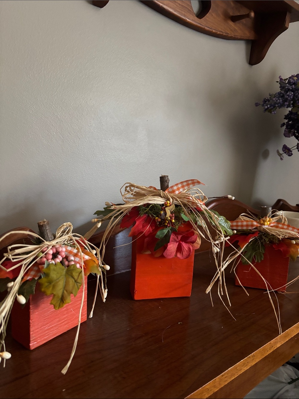 Homemade Rustic Orange Wooden Pumpkin Blocks with Autumn Accents - Set of 2